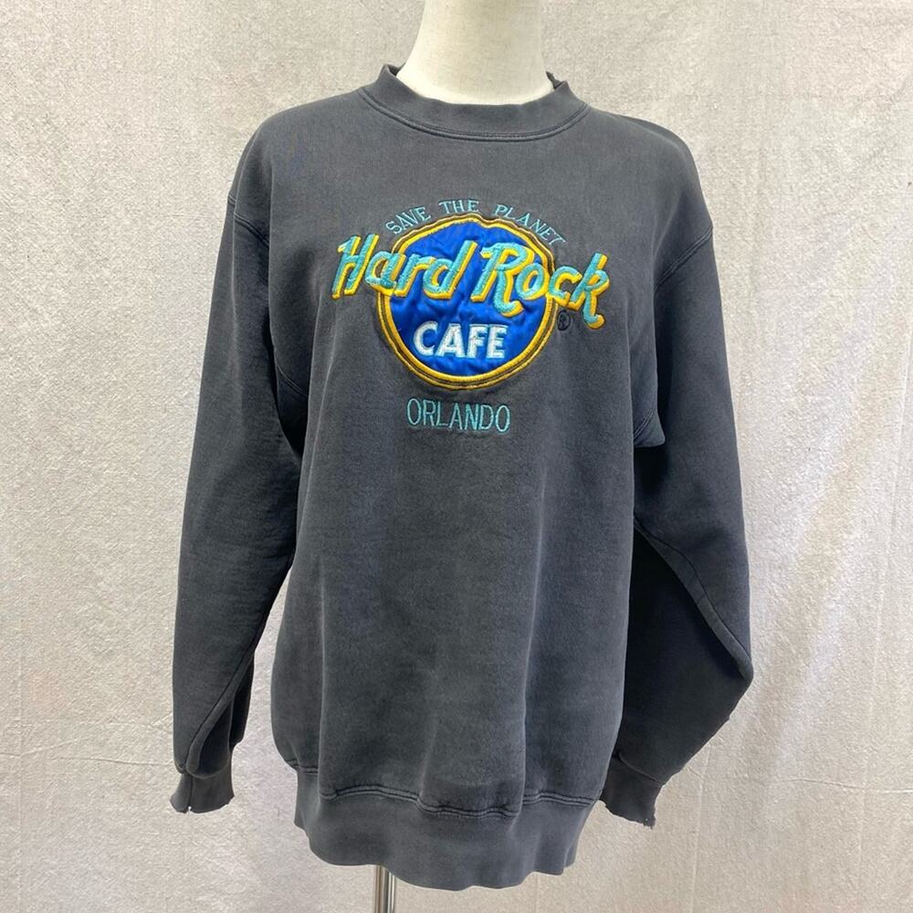 Hard Rock Cafe Vintage 90s Orlando Save the‎ Planet faded black sweater small